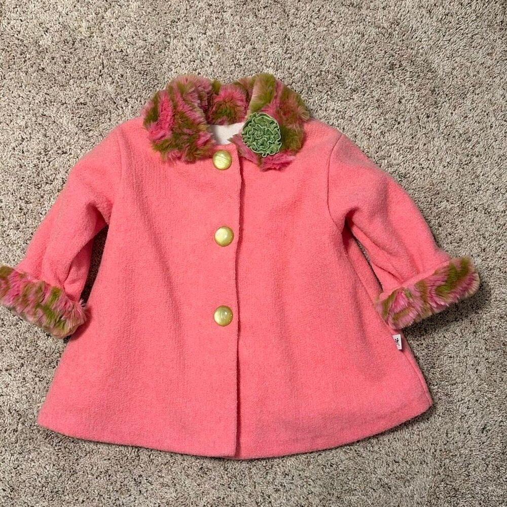 Corky & Company Girls Pink Green Felt Jacket Faux‎ Fur Velvet Flower 2T